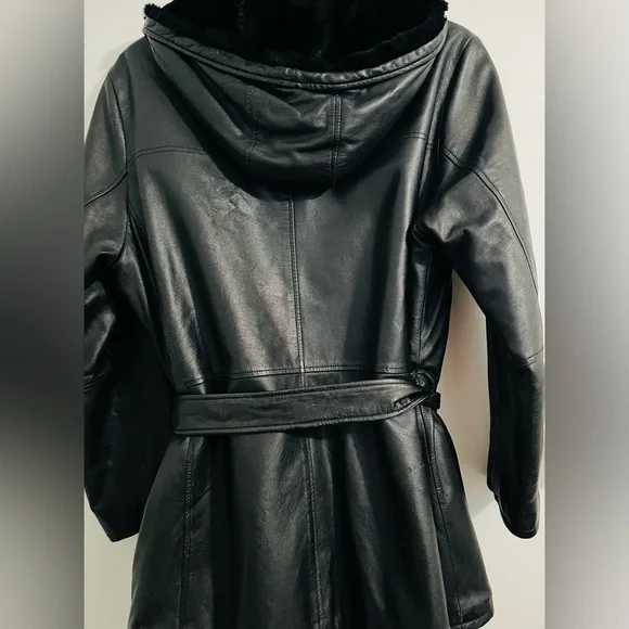 Vtg Wilson’s Leather Black 3/4 Length Coat Belted Soft Lining Warm Hooded Sz XL - Picture 6 of 9